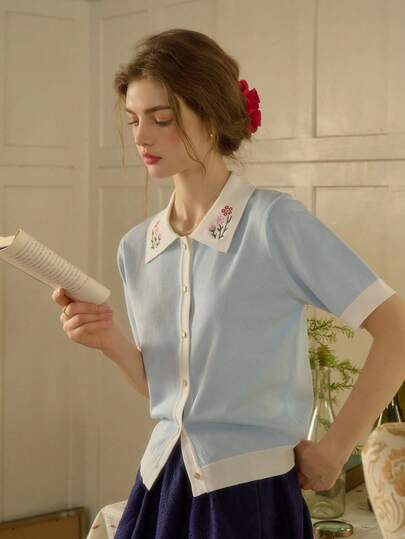 Simple Retro Blusa de cárdigan elegante retro casual con cuello Peter Pan, botones y bordado de contraste de color, elegante y delicada para el trabajo, entrevistas y estilo francés chic de verano