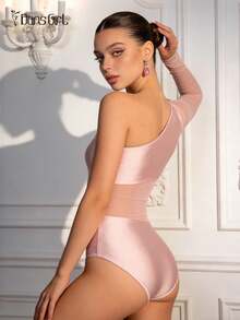 DonsGirl 1pc Women's Swan Lake Ballet Leotard - Sequin & Mesh Patchwork, Asymmetric Design, Single Sleeve With Finger Ring, Holiday/Party Gift - Baby Pink - View 3