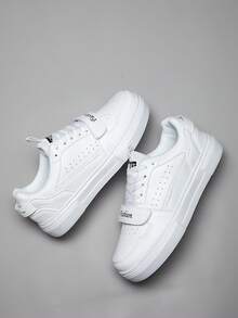 Men's Skateboard Shoes, Round Toe Hook And Loop Casual Shoes, Thick Sole Comfortable Versatile Men's Shoes, Fastener Lace-Up Sneakers - White - View 3