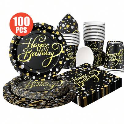 Black & Gold Polka Dot Happy Birthday Disposable Plates, Napkins, Cups - One Time Use Party Supplies Set For 25 Guests, Disposable Paper Plates Party Tableware Suitable For Birthday, Wedding, Theme Party, Family Picnic