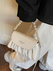 Women's Fashion Casual Minimalist Pleated Design Flap Small Square Bag With Pearl Decor, Shoulder & Crossbody - White - View 7