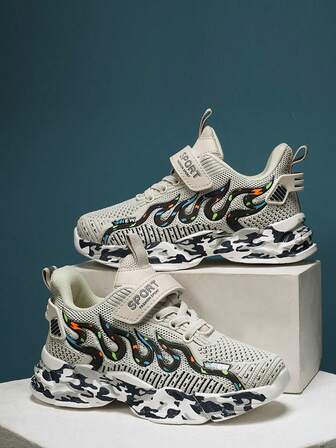1 Par de Zapatillas de Malla para Adolescentes de Primavera/Otoño, Parte Superior de Color Contrastante, Elástica y Transpirable, Suela Gruesa Cómoda y Duradera Antideslizante, Cierre Ajustable con , Zapatos de Moda con Estampado de Camuflaje