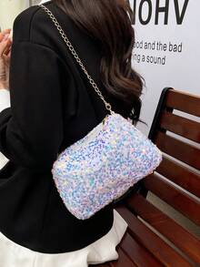 Túi đeo vai đính sequin thời trang mới, túi vuông nhỏ đa năng có dây đeo xích dành cho nữ. - Màu be - Xem 6