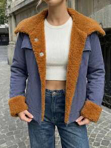 Women's Luxury Blue Suede Jacket Elegant Caramel Teddy Fur Trim Lapel Coat, Thick Warm Winter Outerwear For Carnaval Party Night Out Streetwear Chic Mob Wife Aesthetic Old Money Bontjas Fashion - Blue - View 7