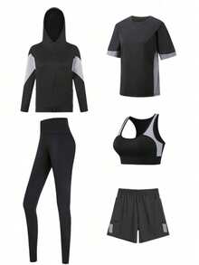 Conjunto Esportivo Feminino de 5 peças: Camiseta Solta Estilo Morcego + Camiseta Solta Esportiva + Top Esportivo + Calça para Atividades ao Ar Livre + Shorts Solto, Roupa de Academia Preta para a Primavera - Preto - Ver 4