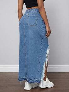 Jkorea Women's High Waisted Ripped Asymmetric Denim Skirt - Distressed Frayed Hem Midi Skirt Spring Summer Aesthetic - 中等水洗藍 - 查看 2