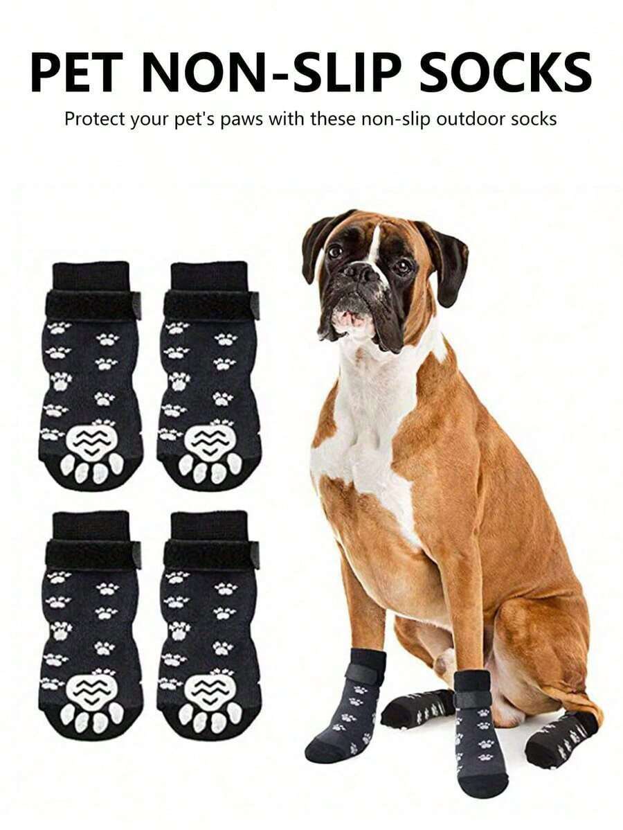 4 Pieces Non-Slip Dog Socks, Soft Adjustable Pet Paw Protectors, Dog Shoes, Pet Shoes, Dog And Socks, Double-Sided Indoor Outdoor Non-Slip Pet Paw Protectors, Suitable Small, Medium And Large Dogs, Breathable Accessories To Cover Dog Paws Outdoors, Black - màu đen - Xem 1