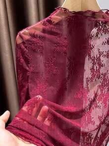 Women's Lace Turtleneck Undershirt, Fashionable Mesh Long Sleeve Top - Burgundy - View 5