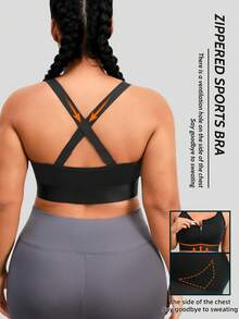 1pc Plus Size Women Sports Bra, Front Zipper Closure, Lift & Support, Casual Wear - Black - View 1