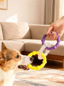1pc Dog Toy With 3 Interlocking Rings, Interactive Chew Toy Designed For Dogs, Helps Grind Teeth And Clean, Relieves Boredom, Made Of And Durable Material, Suitable For Medium And Large Breed Dogs Like Poodle, Corgi, Golden Retriever. The 3 Rings Can Rotate Flexibly To Increase Interactive Fun And Satisfy Dogs' Chewing And Tug-Of-War Needs. Pet Accessory, Pet Supplies, Pet Essential. - Multicolor - View 3