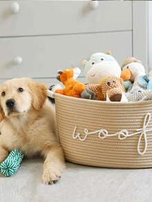 A Woven Rope Storage Basket With The Word "Woof" Embroidered On It - A Pet Toy Storage Basket, Capable Of Holding Teething Toys, Blankets And Leash Ropes. Navy Blue Handle, Stackable Design, Personalized Pet Storage Basket, Suitable For Cats And Dogs. Pet Gift.Storage Bins Baskets For Gifts,Storage Baskets,Storage Bins,Valentines Basket,Basket Storage - Multicolor - View 8
