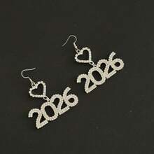 2026 New European & American Rhinestone Digit Heart Dangle Earrings, New Women Earring Accessories - Silver 4 - View 10