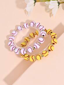 2pcs/Set Sporty Beaded Bracelet Set For Women, Minimalist Bicolor Elastic Bracelet Suitable For Daily Wear