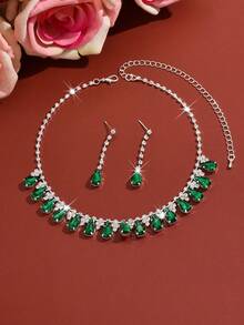 Elegant Women's Jewelry Set, Teardrop Necklace + Earrings, Copper Material Inlaid With Rhinestones, Suitable For Weddings, Banquets, Balls, Parties, And Valentine's Day Gifts - 1798 Blue Suit - View 7