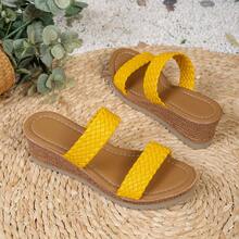 2026新款女士黄色编织装饰坡跟凉鞋，度假风夏季绑带露趾厚底凉鞋，适合约会、购物、通勤、海滩等场合。 - 黃色 - 查看 5
