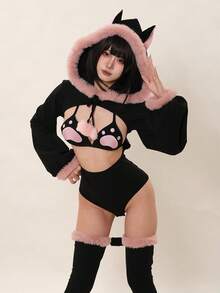 Black Cat Cosplay Set For Women – Furry Hooded Kitty Ears Knit Bodysuit With Bikini Top & Bottom, Wrist & Ankle Rings, Socks, Fluffy Thick Material, Two-Piece Cute Anime Costume For Photoshoots & Events - màu đen - Xem 8
