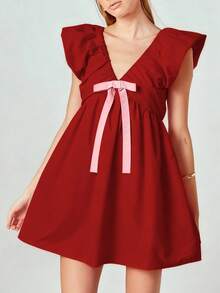 Women's Fashion Bow Front Party Dress, Solid Color Flying Sleeve Deep V-Neck Short A-Line Dress - Đỏ - Xem 1