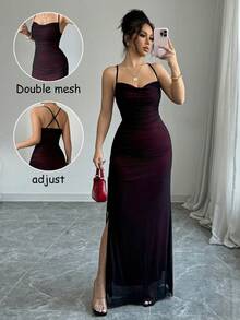 Elegant, Sexy, Retro Women's Dress, High-Waisted, With Side Drawstring And Criss-Cross Straps At The Back, Suitable For Dates, Birthdays, Graduations And Other Occasions. - 酒紅色 - 查看 3
