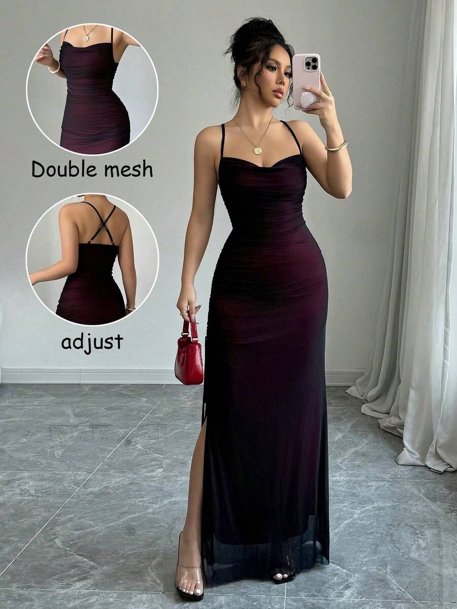 Elegant, Sexy, Retro Women's Dress, High-Waisted, With Side Drawstring And Criss-Cross Straps At The Back, Suitable For Dates, Birthdays, Graduations And Other Occasions. - 酒紅色 - 查看 1