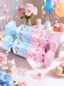 6 piezas Cajas de regalo para fiesta de revelación de género con diseño de osos pequeños en rosa y azul, cajas de dulces con patrón de osos para fiesta de revelación de género, regalos para fiesta de 1er cumpleaños, recuerdos para baby shower, cajas para snacks, suministros para fiesta de revelación de género niño o niña, embalaje para regalos de hornear, cajas para alimentos, decoraciones para fiesta de cumpleaños, decoración para revelación de género, decoraciones para baby shower, regalos para revelación de género, decoración de mesa para fiesta de recién nacido - Oso de peluche azul y rosa - Ver 4