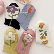 女士花朵图案中筒袜 时尚百搭 可爱 柔软舒适 透气 休闲袜 - 彩色 - 查看 2