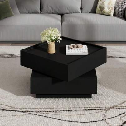 Funktionaler Couchtisch für das Wohnzimmer, 360° drehbar, drehbare Tischplatte mit 2 Ablagen und Staurum, Gestell Wohnzimmerbeistelltisch schwarz, 60*60*38 cm