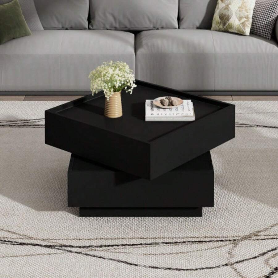 Funktionaler Couchtisch Für Das Wohnzimmer, 360° Drehbar, Drehbare Tischplatte Mit 2 Ablagen Und Stauraum, Gestell Wohnzimmerbeistelltisch Schwarz, 60*60*38 Cm - Black - View 1