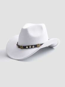 一顶男女通用的西部牛仔帽，饰有可拆卸的牛头铆钉 - 100% 涤纶手工编织爵士高顶帽，采用轻便无弹性设计，适合户外活动、骑马、派对舞台表演、生日派对等场合，夏季、海滩、假日皆宜。 - B - 查看 5