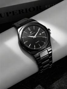 RICECGO 1pc Men's Black Wrist Watch With Stripe Markings, Business Date Quartz Watch, Gift For Party, Wedding, Beach, Valentine's Day - Black - View 12