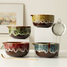 5件套陶瓷抹茶碗套装，釉面开片，中东及日式抹茶入门套装，适合初学者，高温烧制，触感舒适，釉面光滑，简约设计。套装包含陶瓷抹茶碗、抹茶筅、抹茶筛、抹茶勺，手工天然竹制，抹茶冲泡套装，送给男友、女友、家人、朋友、同事的理想礼物，适用于办公室、家庭、茶室等场所，高档茶具礼盒。 - 彩色 - 查看 2