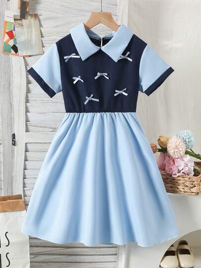 女童蓝色休闲学院风可爱蝴蝶结装饰拼接收腰连衣裙，女童蝴蝶结点缀夏季连衣裙