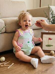 Newborn Infant Baby Girl Golf Outfit Smocked Bubble Romper Ruffle Sleeveless Bow Bodysuit Cute Summer Clothes - màu xanh lá - Xem 7
