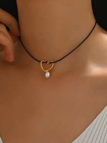 1pc Minimalist Black Rope Heart Decor With Faux Pearl Accent Women's Accessory, Suitable As Valentine's Day, Mother's Day Gift For Girlfriend/Mom, Fashionable Multifunctional Jewelry Accessory - Yellow Gold - View 3