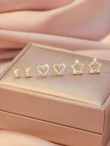 一对优雅闪亮的立方氧化锆装饰星星、月亮、心形不锈钢耳钉，适合女性日常佩戴，百搭设计，可作为礼物送给朋友、爱人，生日/情人节礼物。 - 金色 - 查看 2