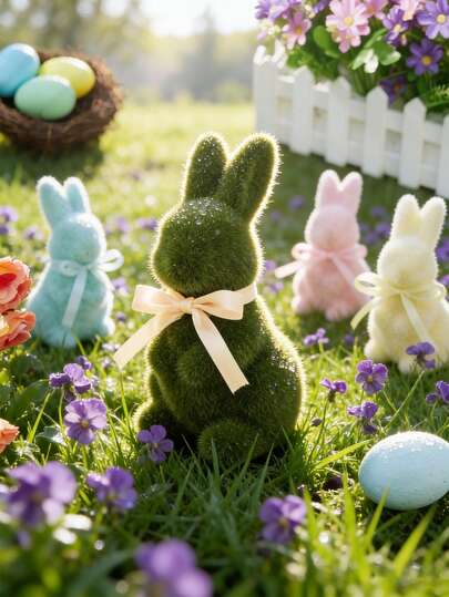 1/4个植绒复活节兔子摆件，苔藓覆盖的兔子雕像，带丝带，春季家居桌面装饰，适用于花园、露台、派对用品