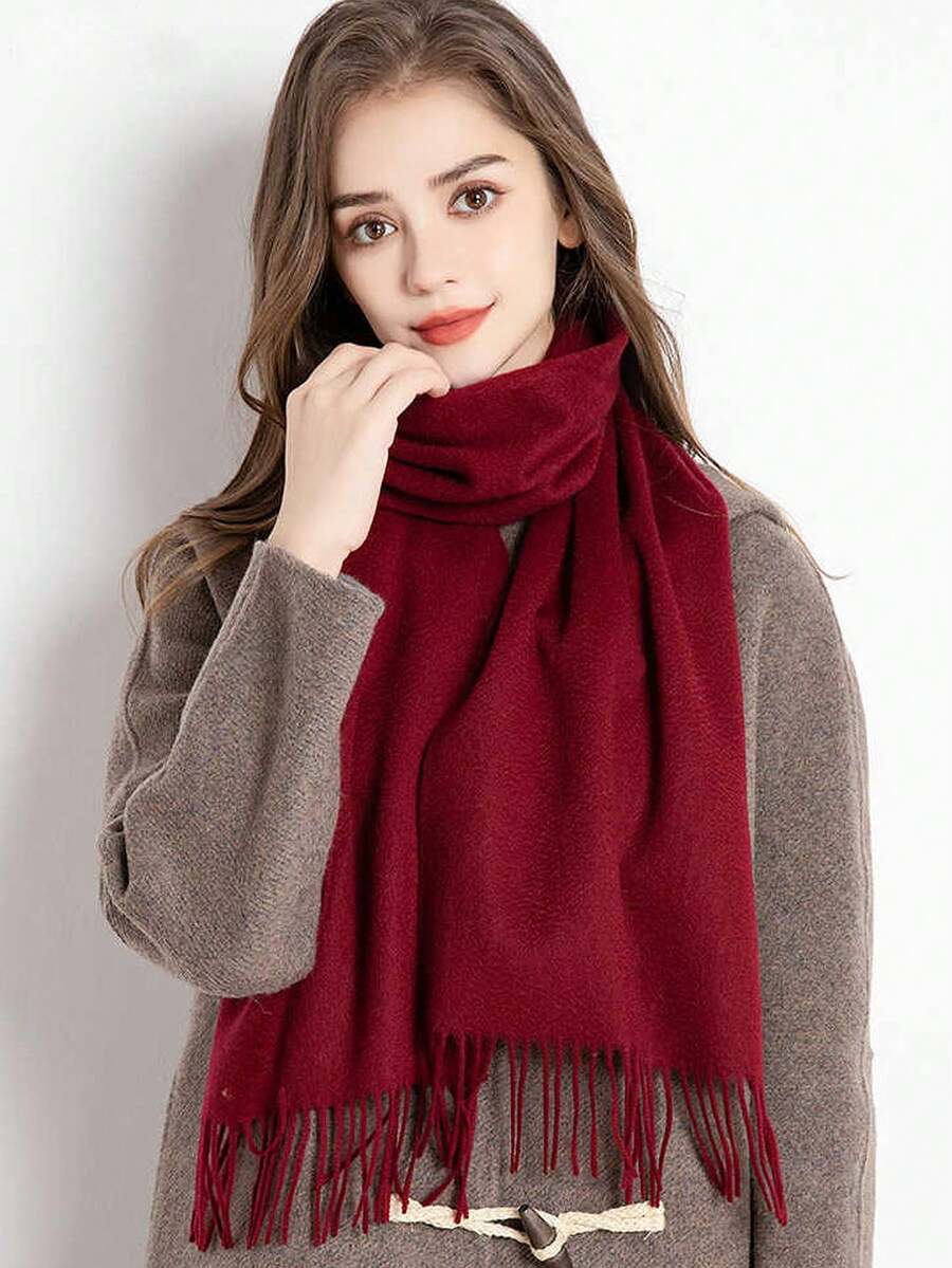 1pc Long Faux Cashmere Solid Color Casual Polyester Scarf, Elegant Twill With Tassels Solid Color Cashmere Scarf For Women, Fashionable Casual Windproof Warm Shawl, Comfortable Blanket Scarf, Suitable For Daily Wear, Valentine's Day Accessory - Burgundy - View 1