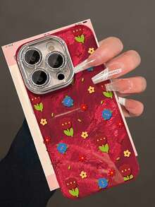 1pc Fashionable Red Floral Full-Screen Protective Case Compatible With Apple 17 Pro Max, New Design Compatible With IPhone 16 Pro Max, Personalized 15 Plus, Compatible With IPhone 14, 13, 12, 11 With Lens Protection - Red - View 2