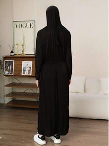 1 pezzo Vestito lungo nero minimalista taglie forti, abbigliamento quotidiano comodo per donna, tessuto morbido con design con cappuccio, adatto al comfort e al codice di abbigliamento religioso, adatto per uscite quotidiane, occasioni di svago, vita regolabile per diverse fisicità, stile minimalista facile da abbinare con le scarpe, accessorio pratico essenziale per donna, adatto per l'uso quotidiano e le occasioni festive, elegante primaverile - nero - Visualizzare 5