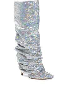 Women's Casual Pleated Heel Boots, Sparkly Knee High Boots - Bạc - Xem 2