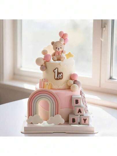 7pcs/Set Or 1pc Pink Bear Cake Topper, Pink Bear Holding Balloon Cake Decor, Suitable For Baby Shower, Gender Reveal Party, Birthday Cake Decoration (Please Use With A Tray, Do Not Directly Contact The Cake)