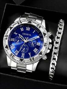 四件套男士时尚商务休闲腕表套装，包括大表盘圆形钢带石英表、个性化链式手链、十字架吊坠项链和戒指，适合作为礼物、各种场合和日常佩戴。