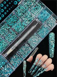 12 Stile mit 600 Stück bunte unregelmäßige Strass + 2500 Stück Flachboden Nagelstrass, 19 Stile, geeignet für DIY Basteln, 3D Dekoration, Flachedelsteine, inklusive Wachsstifte für Nägel, Schuhe, Kleidung, Schmuck, Glas, tolles Geschenk für Neujahr, Valentinstag - blauer See - Übersicht 5