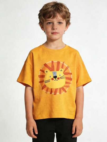 1 Stück Kinder Lässig T-Shirt mit Tiger Kopf Stickerei Grafik, rundem Ausschnitt und Kurzarm, modisch für Frühling/Sommer