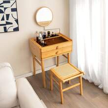 Desk, Makeup Vanity Table Set W/Mirror, Modern Vintage Dressing Table W/ 2 Drawers & Jewellery Display Tabletop, Rattan & Bamboo Style - 芥末黃 - 查看 4