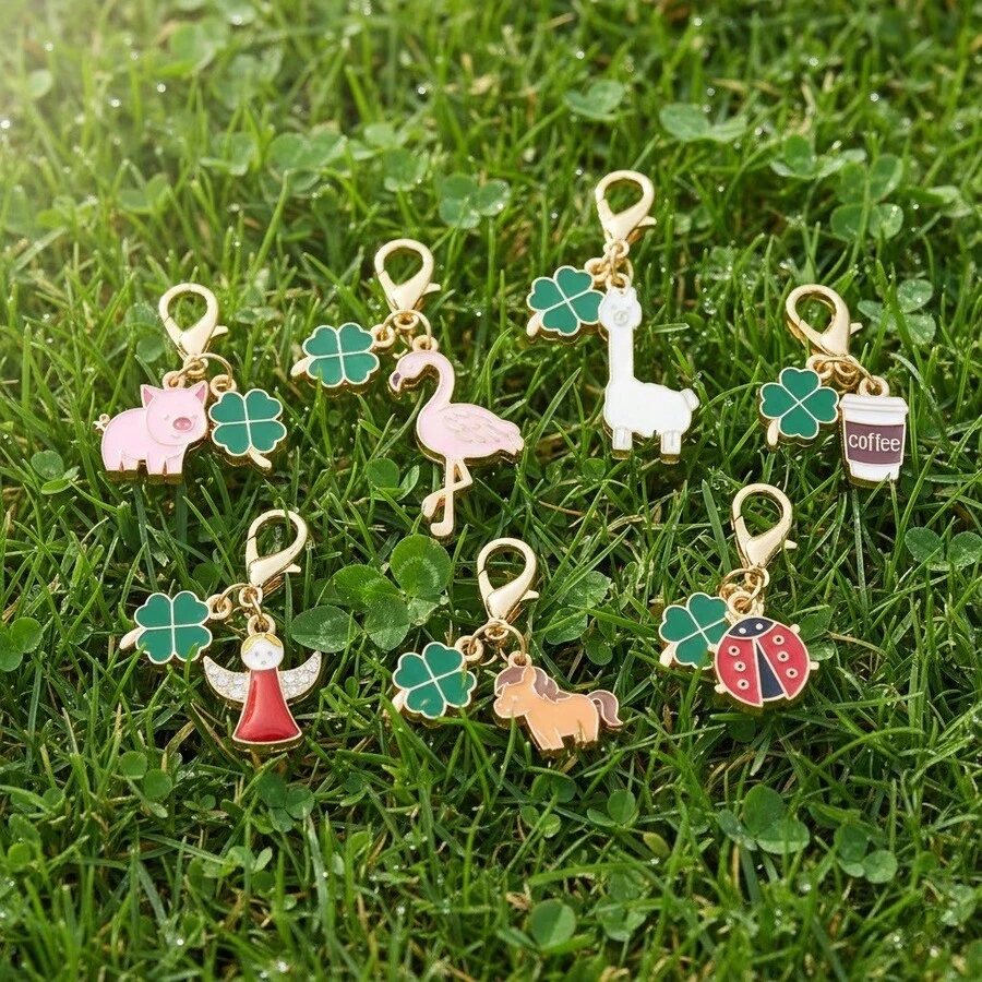 7pcs Cute Clover Cartoon - Pig | Angel | Flamingo | Brown Horse | Ladybug | Alpaca | Coffee Keychain Pendant Bag Accessories - Multicolor - View 1