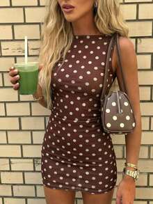 Women's Polka Dot Print Round Neck Sleeveless Ruched Fitted Fashionable Mini Dress - Brown - View 9