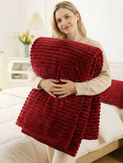 1pc Super Soft Bohemian Style Oversized Striped Plush Blanket, Wide Stripe Faux Fur Flannel Blanket, Soft Warm Reversible Throw Blanket For Bedroom, Living Room, Office, Car, Travel, Picnic, Party, All Seasons