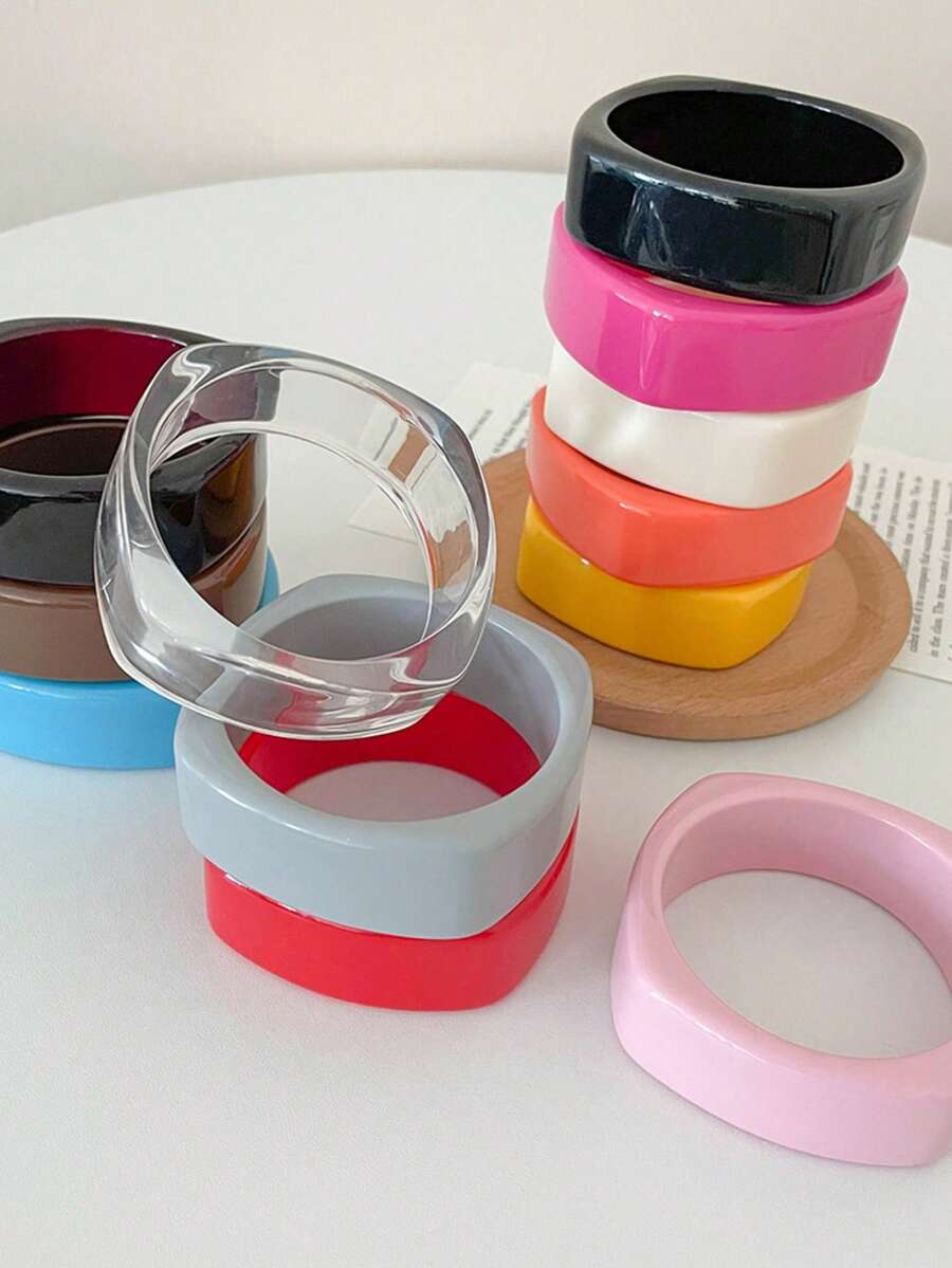 1件新款加厚树脂糖果色不对称弧形设计手镯，优雅波西米亚风格纯色手镯，时尚饰品，适合女性、女孩、女士佩戴，适合日常、派对、旅行等场合，颜色可选：黄色、蓝色、红色、灰色、酒红色、咖啡色、粉色、紫红色、薄荷绿、紫色、橙色、黑色 - 彩色 - 查看 1