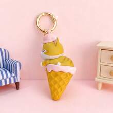 Miniso Móc khóa 3D hình kem hồng Mofusand, chất liệu PVC, hình mèo lè lưỡi nheo mắt + kem 3D, nhỏ gọn và dễ mang theo, thích hợp làm phụ kiện chìa khóa/trang trí ba lô/móc khóa dễ thương mang theo hàng ngày (1 chiếc) - Hồng - Xem 2