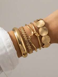 5 pièces Ensemble de bracelets larges en métal doré avec design géométrique exagéré et vintage de style luxueux, convient pour un port quotidien, style "old money", cadeau - Or jaune - Voir 2